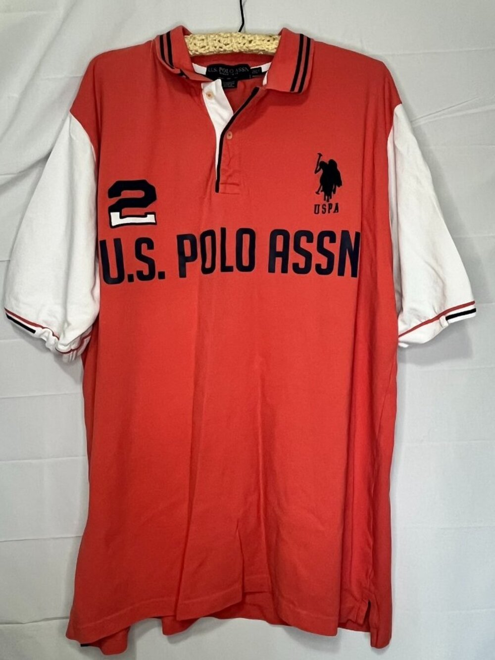 U.S. Polo Association Size 2XLT Salmon Orange White Polo Large horse #2 tall